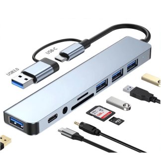 USB 8 In 1 Converter Metiko Type C Hub Adapter Multi USB HUB Type-C Card Reader to USB*4+SD+TF Card Reader+3.5mm Audio Output 8in1 plug and play