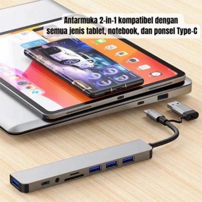 Heatz ZU08 USB 8 In 1 Converter Adapter HUB plug and play USB +Type C Multi USB Card Reader to USB*4+SD+TF Card Reader+3.5mm Audio Output 8in1